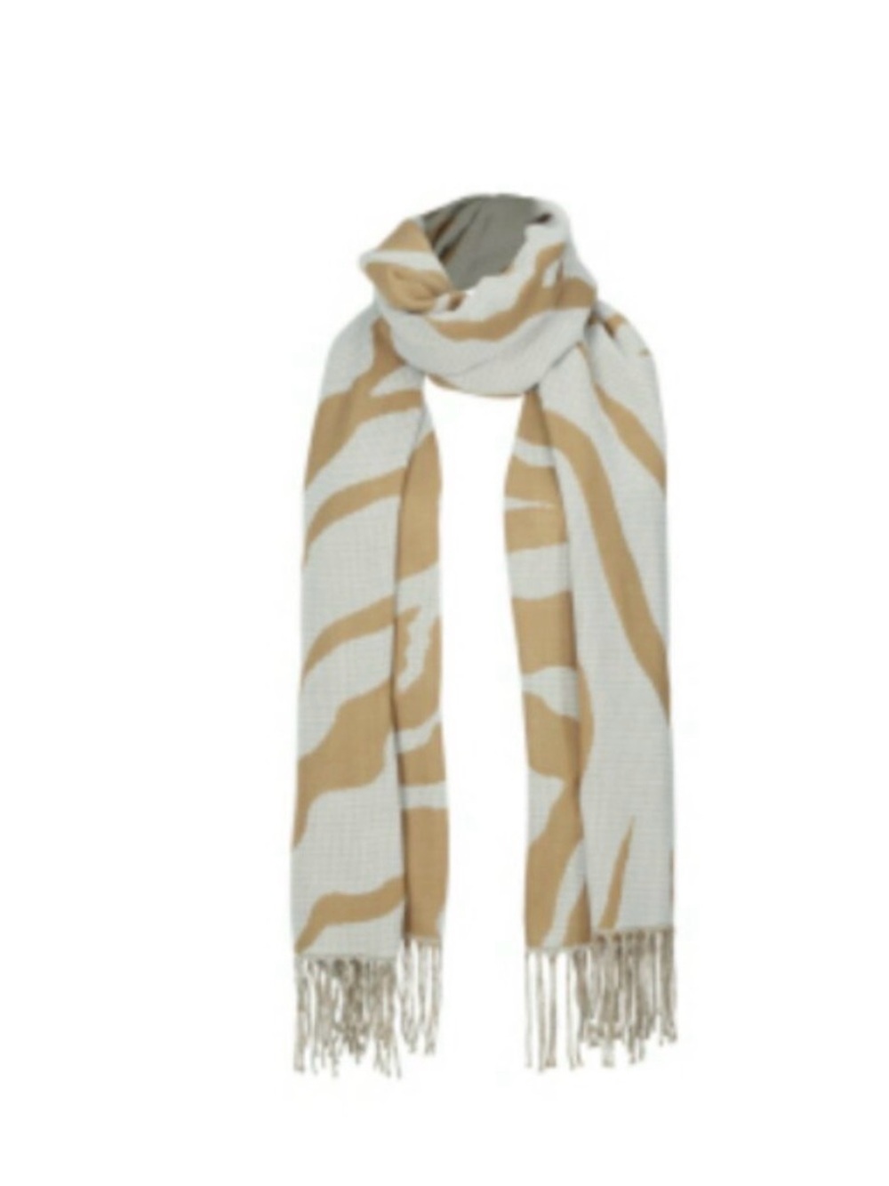 CAbi Beige and White Tiger-Style Fringe Scarf